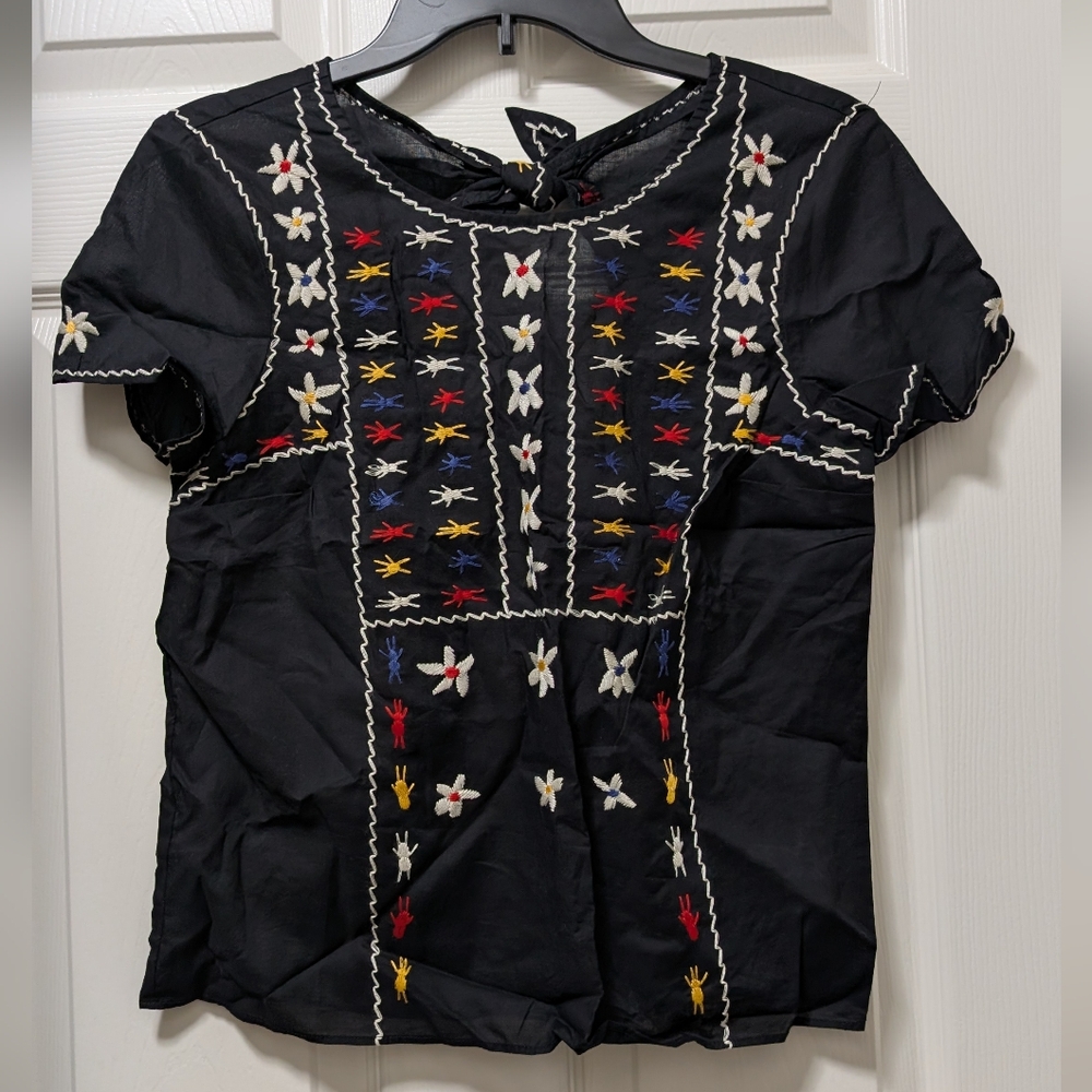 MADEWELL Womens Black Embroidered Tie-Back Cutout Top NWT XS Cotton J3266